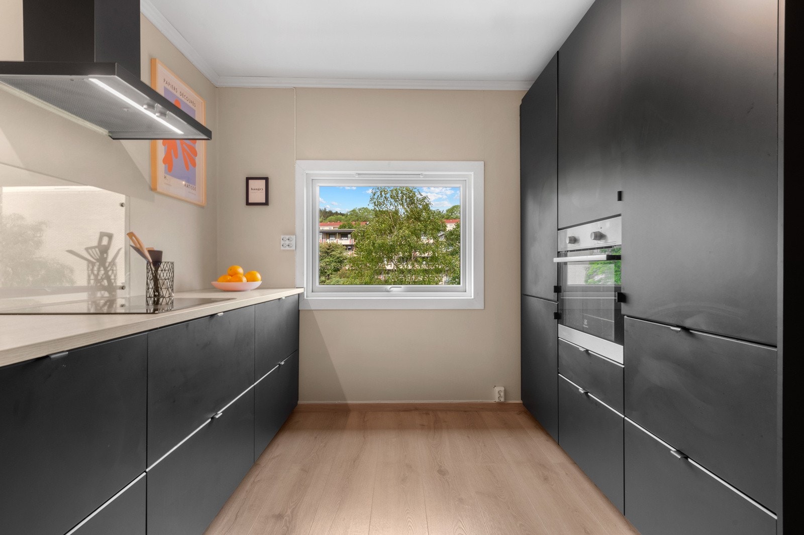 Integrerte hvitevarer som induksjonsplatetopp, stekeovn, oppvaskmaskin og kjøl/fryseskap. Galleribilde