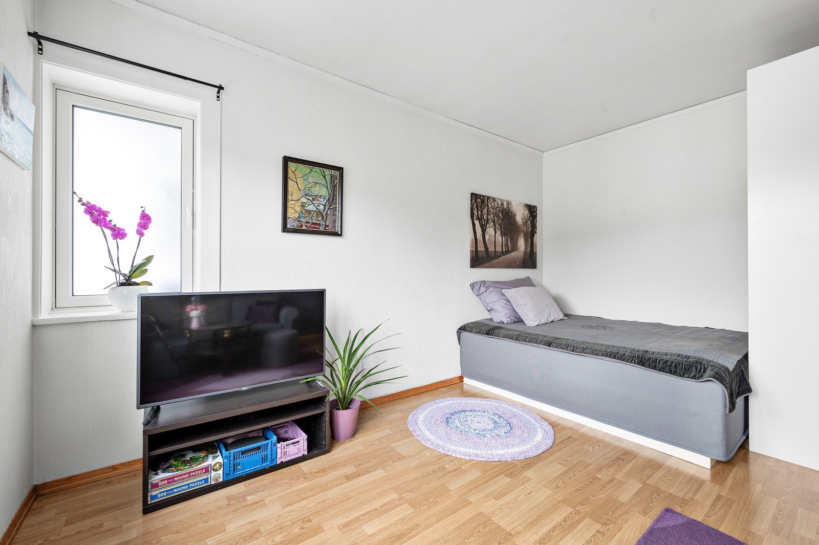 Egen del av stuen for seng. Nåværende eier har tidligere hatt en hylle ved siden av sengen for å skille soveplassen fra stuen. Galleribilde