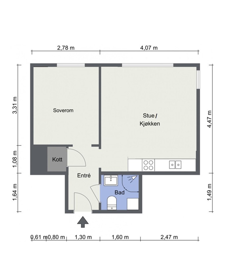 Alternativ plantegning med 1 soverom. Kjøper må selv vurdere og undersøke mulighetene og kostnaden for dette. Galleribilde