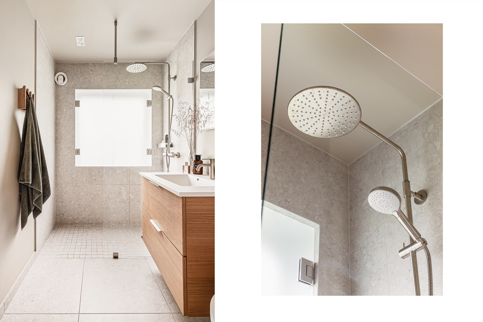 Leiligheten har et delikat helfliset bad med 60x60 fliser og mye naturlig lys. Det er varmekabler i gulv. Galleribilde