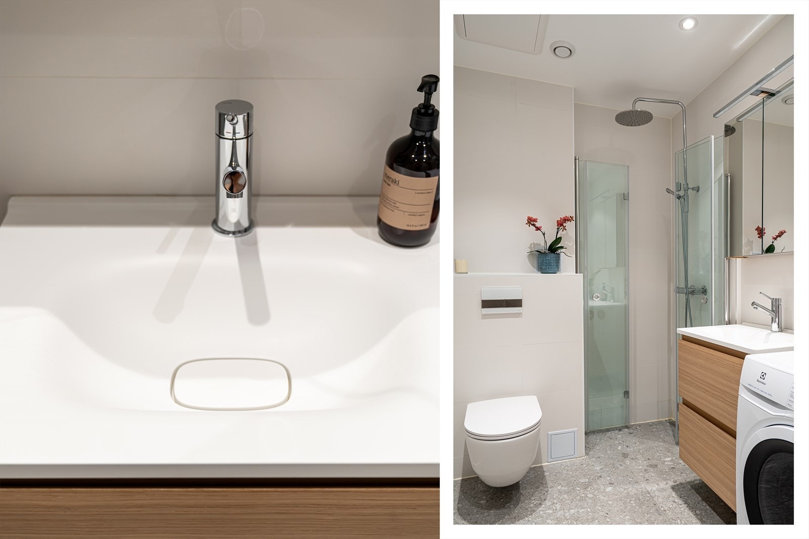 Delikat og moderne bad, med flislagte overflater, varmekabler i gulv, mekanisk avtrekk og opplegg til vaskemaskin. Galleribilde