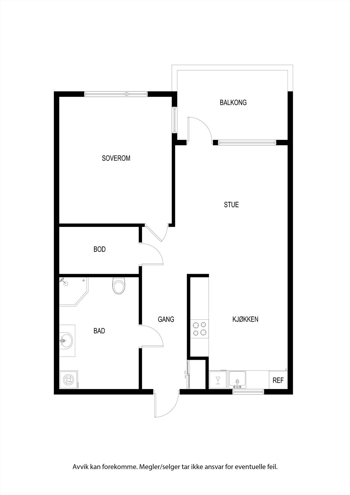 1 et.: Entre, bad/vaskerom, bod, soverom, kjøkken/stue m/utgang til balkong. Galleribilde