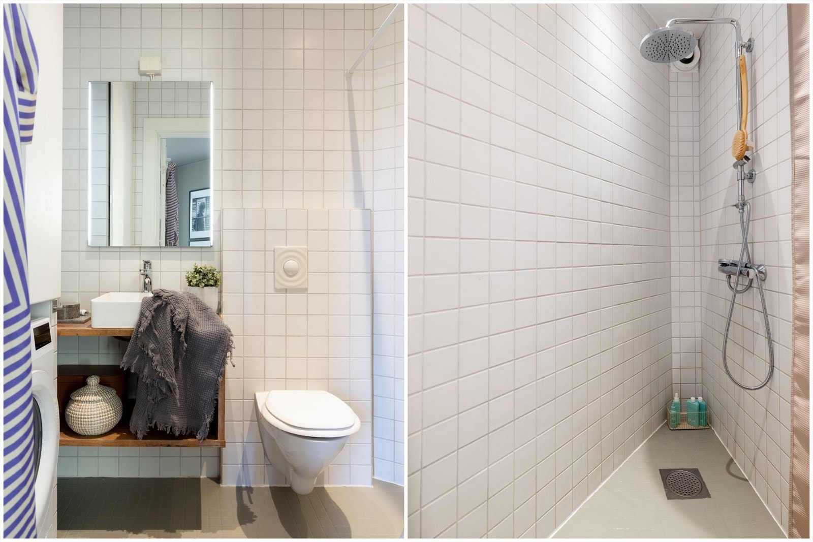 Her er det rom for vaskemaskin i praktisk nisje og godt med plass til baderomsartikler på plassbygget servanthylle. Romslig dusjplass i enden av rommet. Galleribilde