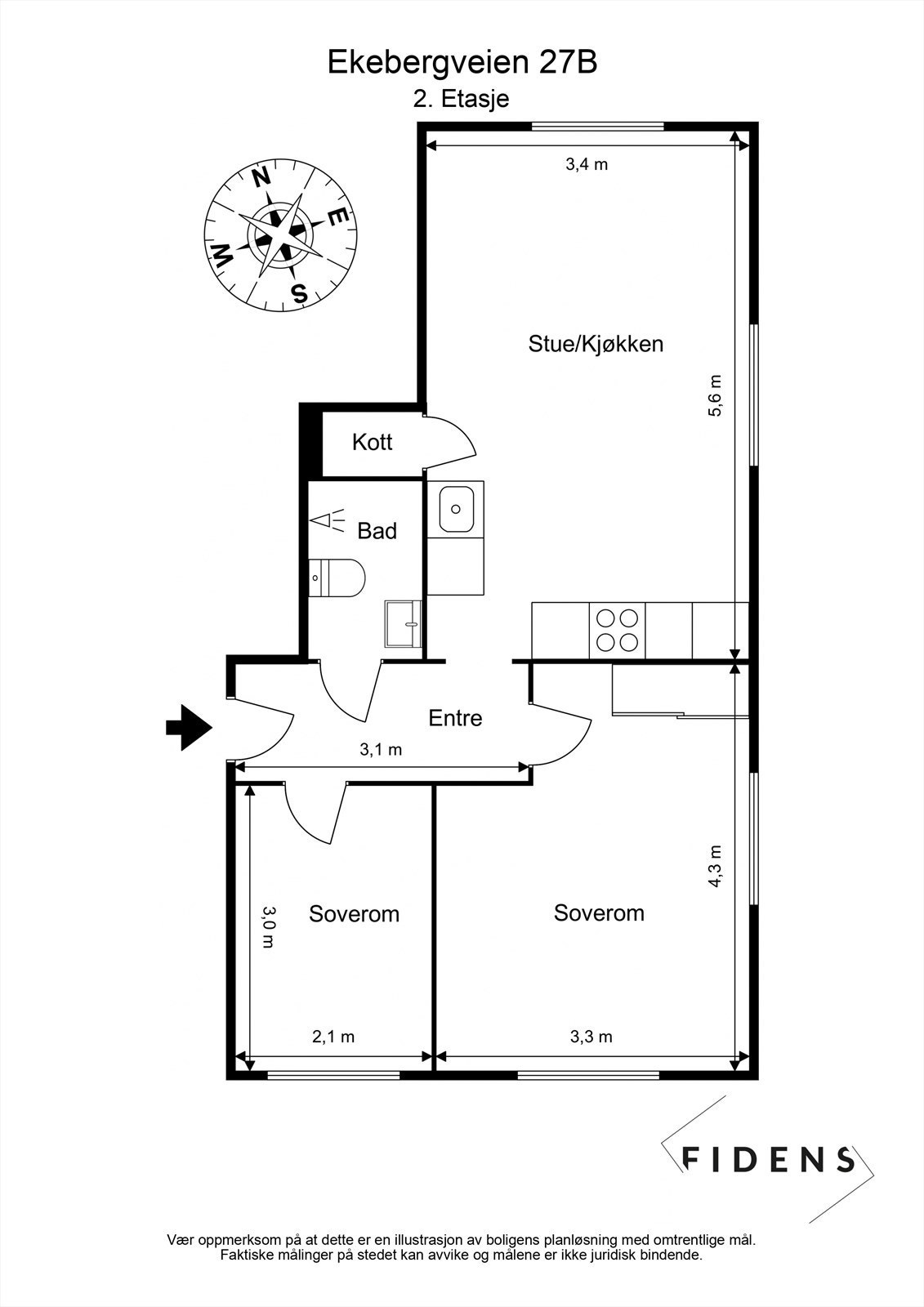 Boligen er på 47m² og inneholder entré, stue/kjøkken, bad og to soverom Galleribilde