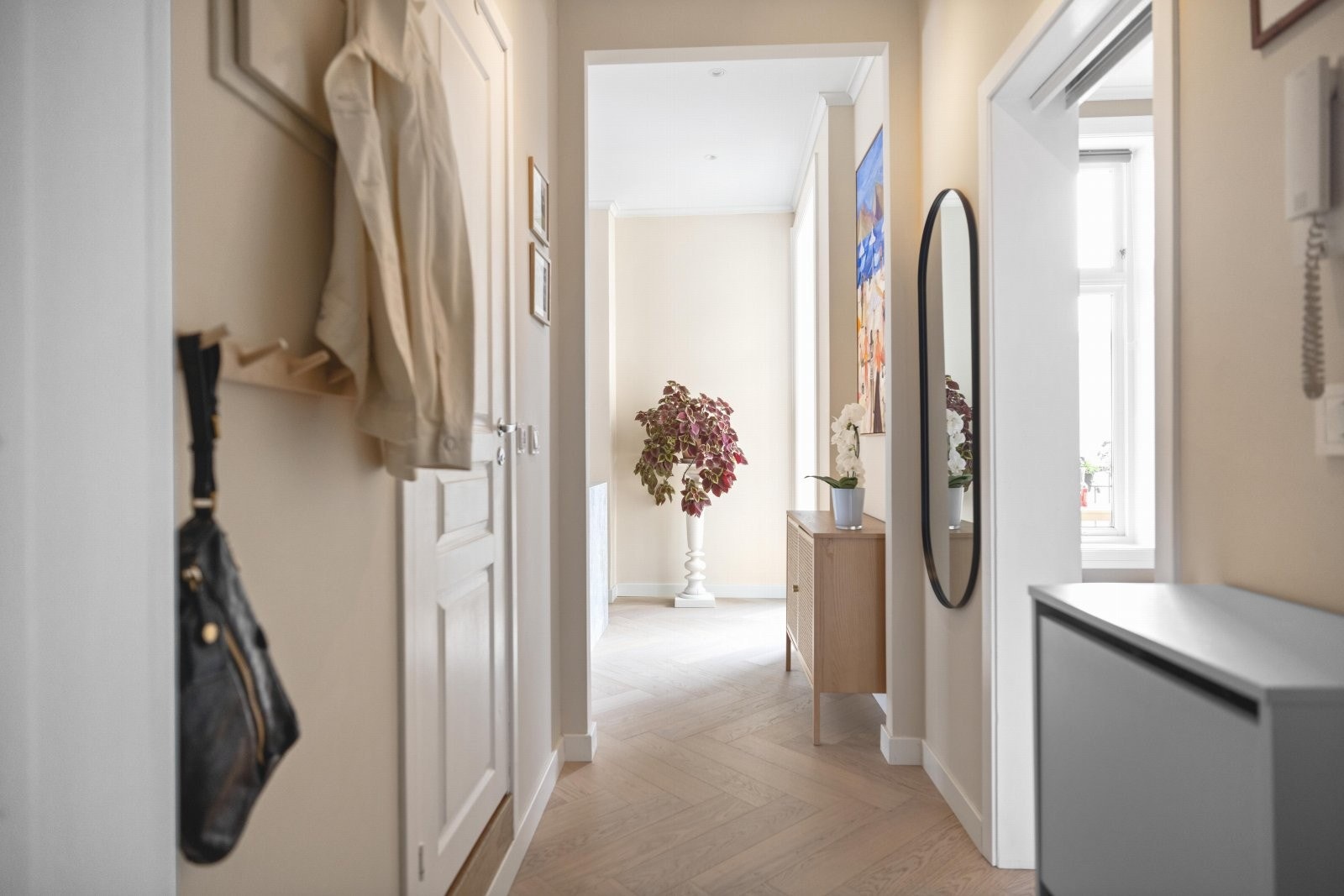 Det er fine mulighet for oppheng av yttertøy og plassering av sko i skoskap Galleribilde