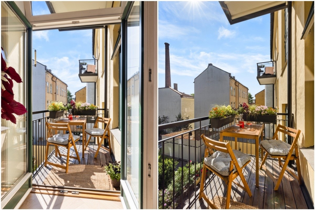 Fra kjøkken er det utgang til nydelig balkong som vender mot bakgård og hyggelige nabobygg Galleribilde