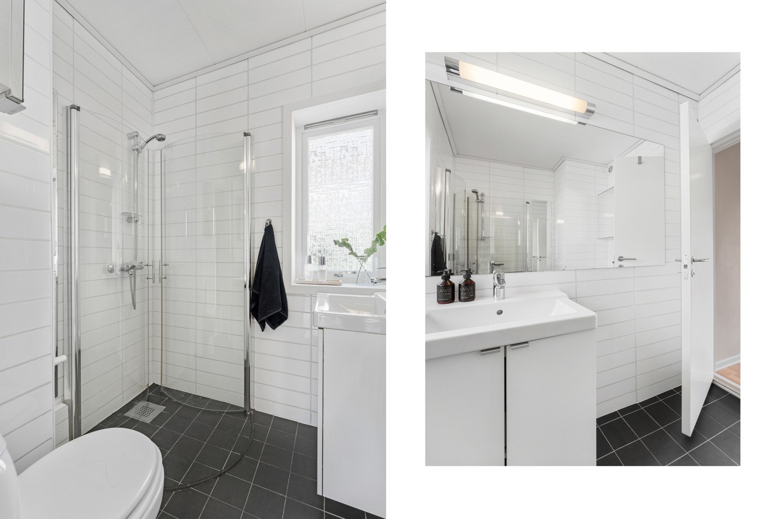 Badet har fliser på gulv og vegger. Galleribilde