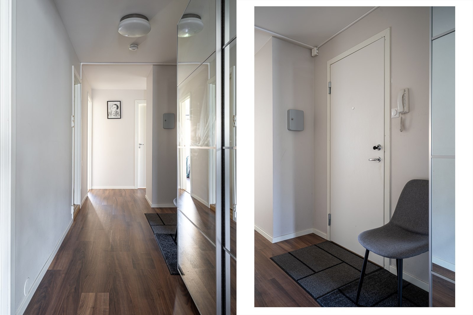 Entreen er et hyggelig rom å komme hjem til med dus, behagelig farge på glatte vegger og mørkebrun laminat på gulvet. Ved siden av inngangsdøren er det montert dørcalling. Galleribilde