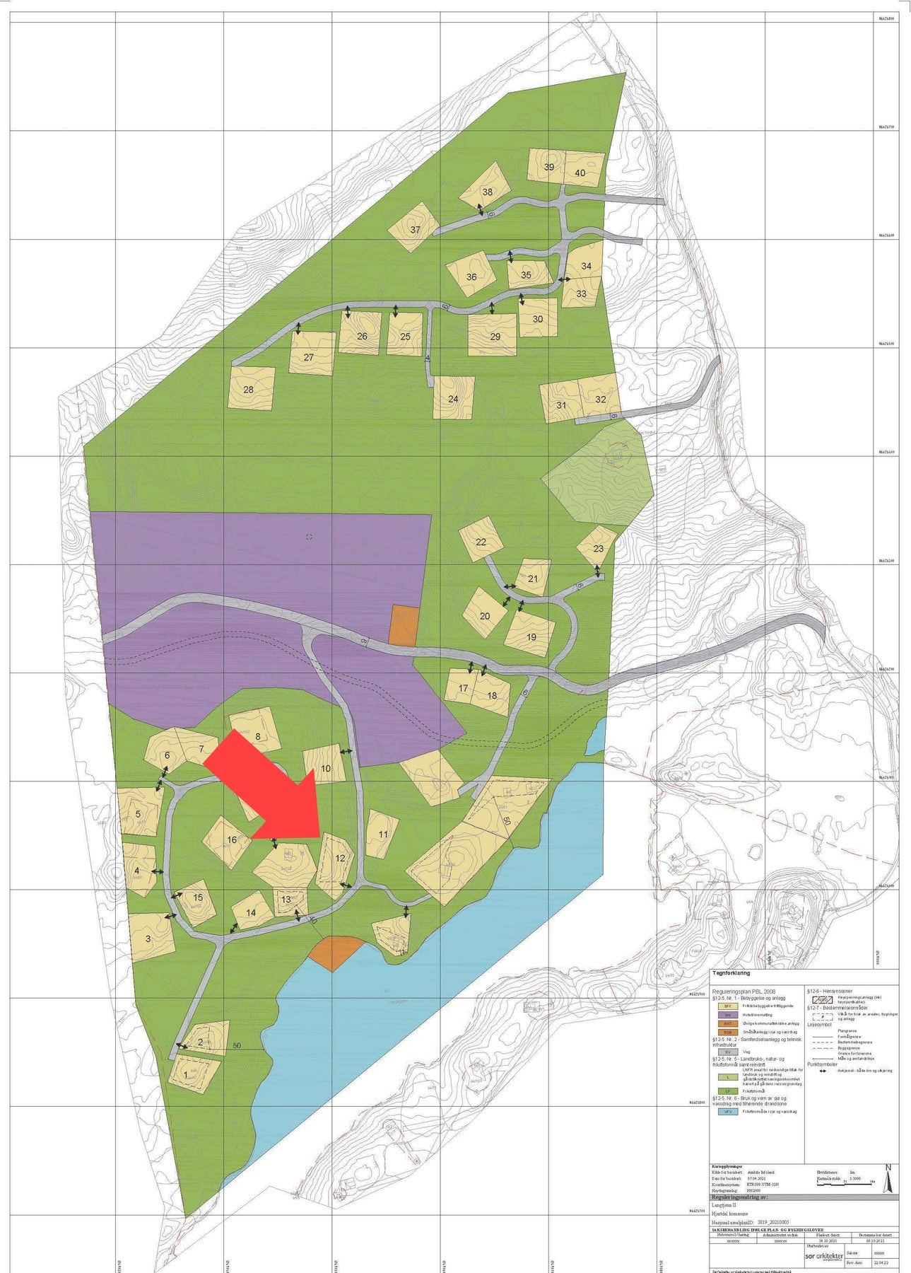 Tomtekart Langetjønn hyttefelt.
Tomt 12 markert. Galleribilde