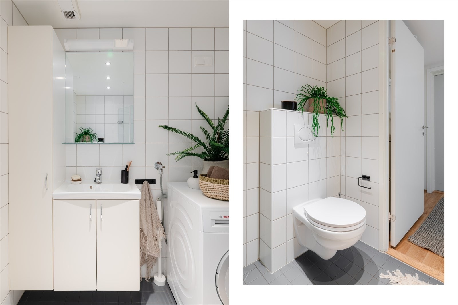 Det er opplegg og plass til vaskemaskin. Videre har rommet servantinnredning med underskap samt vegghenegt høyskap med god plass til oppbevaring av baderomsartikler. Galleribilde