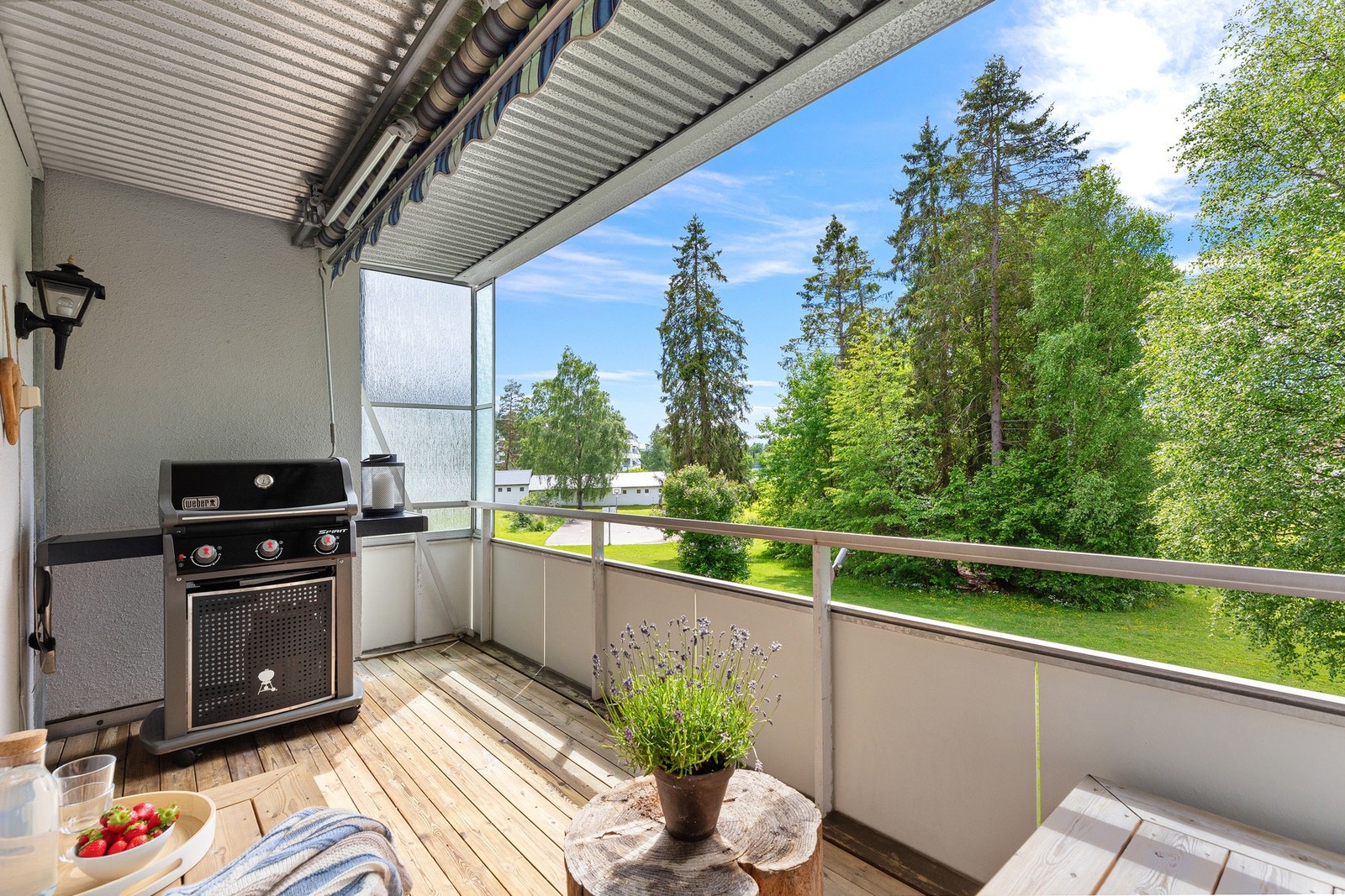 Herlig, vestvendt balkong som vender ut mot friområde. Galleribilde