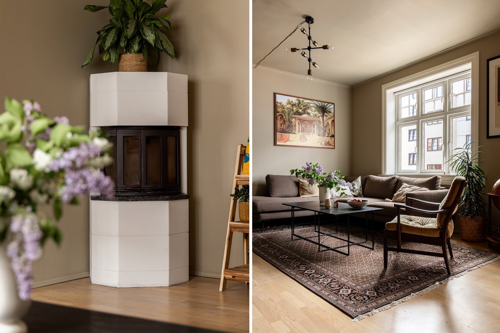 Peisovnen i hjørnet av stuen sørger for knitrende hygge og varme på kalde dager. Galleribilde