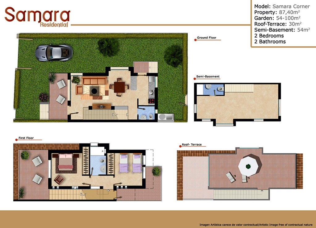 Ikke nøyaktig plantegning mht. tomten for annonserte bolig, men man ser boligen over 3 plan + takterrasse. Annonserte bolig har inndelt underetasjen med et meget stort soverom m/privat bad, bod, samt en flott TV-stue med dobbel sovesofa Galleribilde