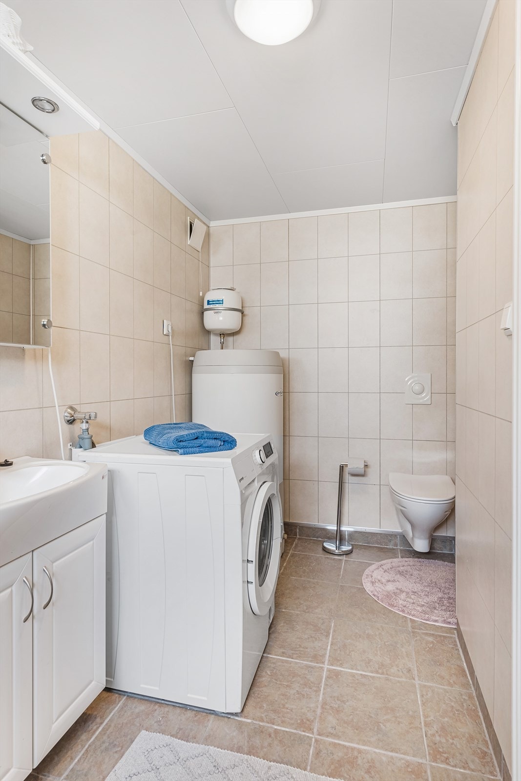 Det er montert vegghengt toalett, dusjkabinett, opplegg for vaskemaskin og varmtvannsbereder med trykktank. Det er også montert en hvit innredning med vask og underskap, speilskap og belysning. Galleribilde