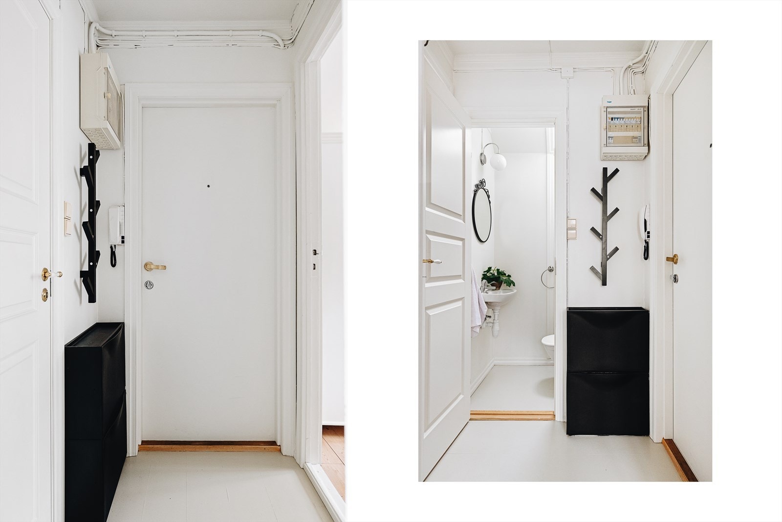 Lys entré med plass til å henge fra seg yttertøy og oppbevare sko. Galleribilde