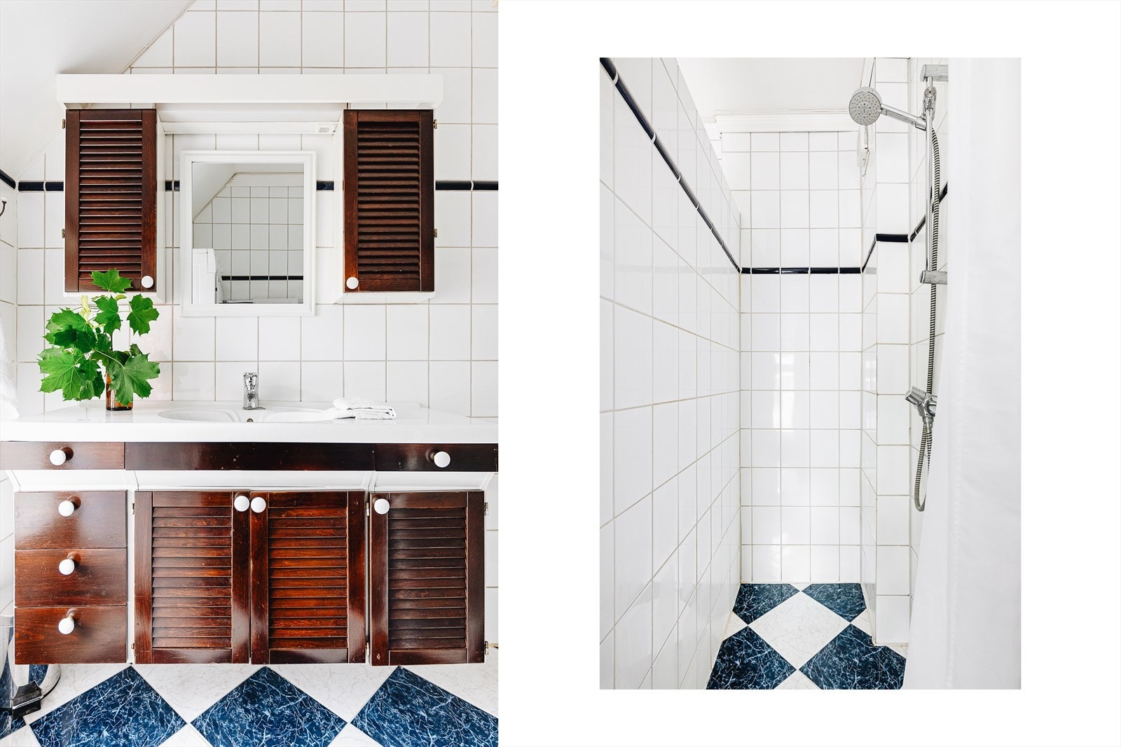 Det er fliser på gulv og vegger samt varmekabler i gulv. Galleribilde