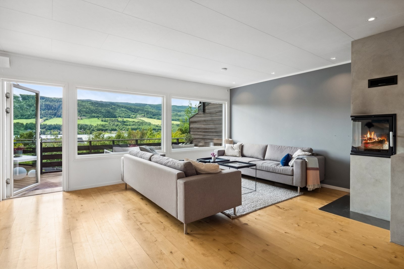 Stuen er romslig og har store vindusflater mot vest som gir godt med naturlig lys inn i rommet. Galleribilde