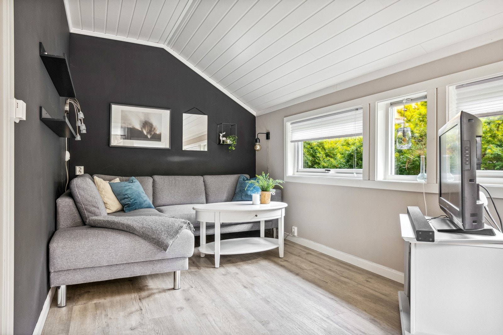 På andre siden av kjøkkenet er det en koselig "mini" stue med plass til sofa og tv-møblement. Galleribilde