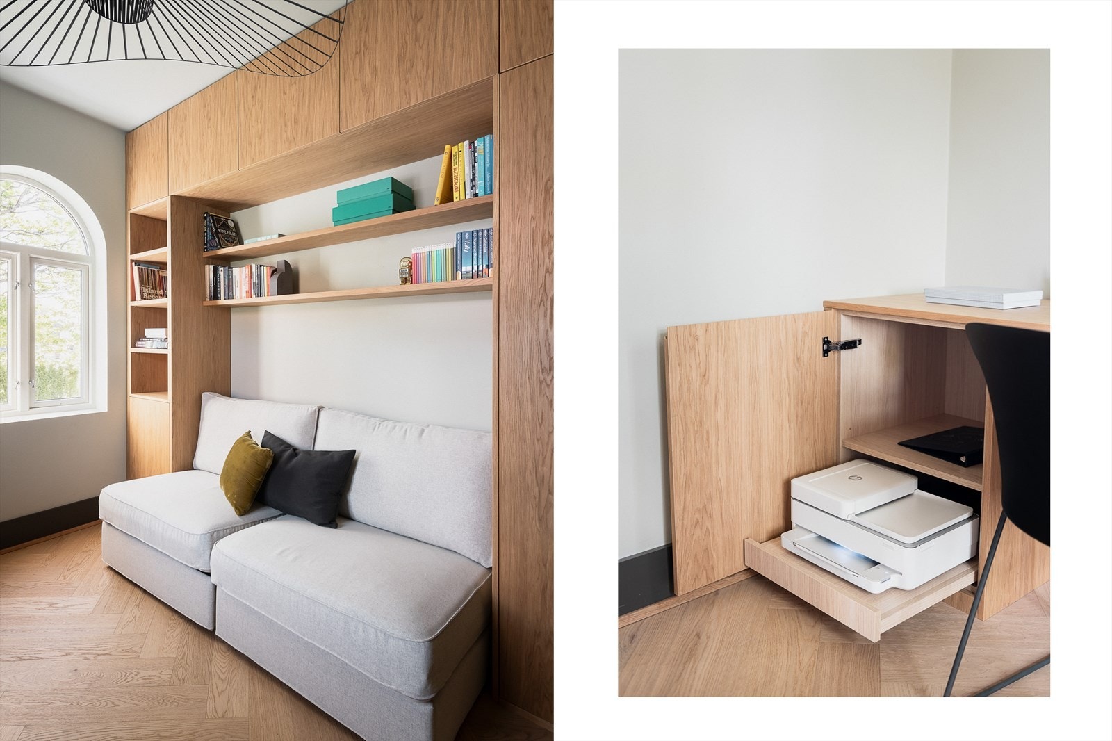 Praktisk og smart kontorinnreding med plass til sovesofa Galleribilde