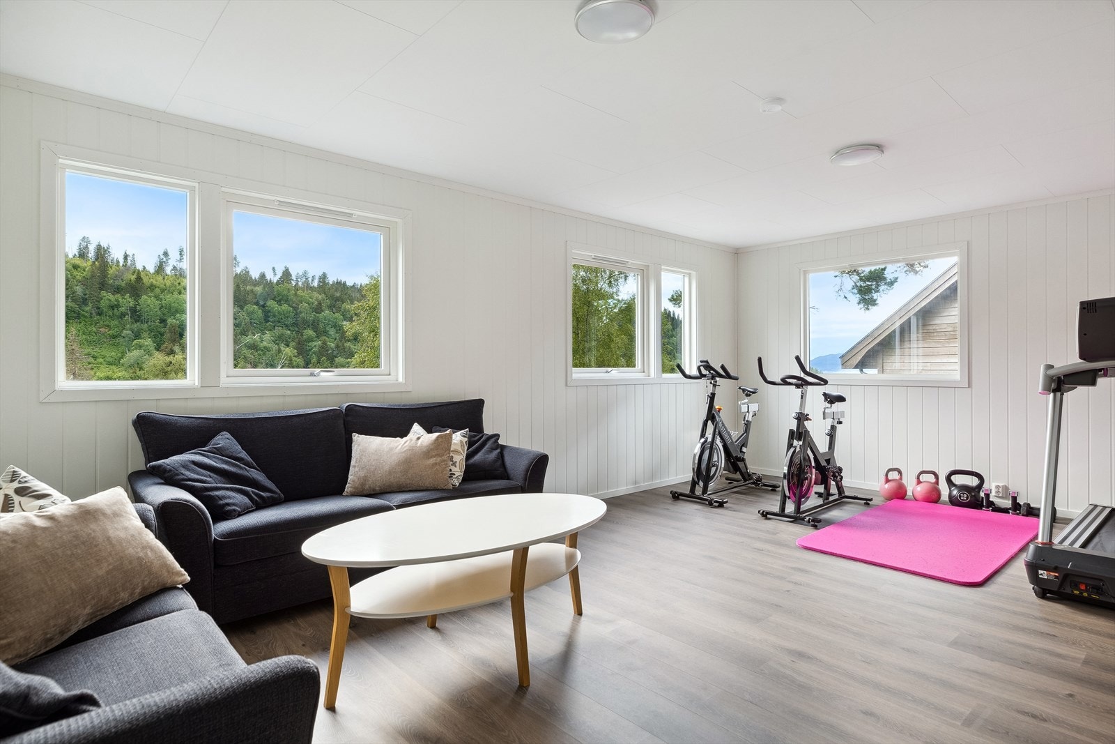 Det ene rommet over garasjen er innredet som en ekstra stue og kan også være fin å bruke som treningsrom. Galleribilde