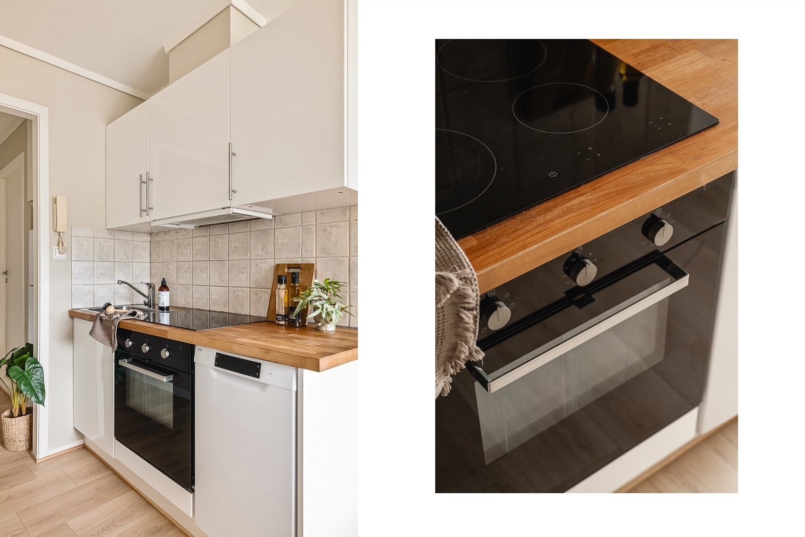 Praktisk kjøkkenkrok hvor man har innredning med glatte fronter og benkeplate av laminat. Galleribilde