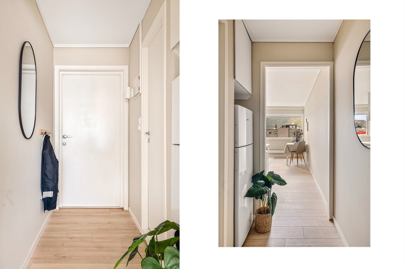 Lys entré med plass til å sette fra seg sko og henge opp klær. Galleribilde