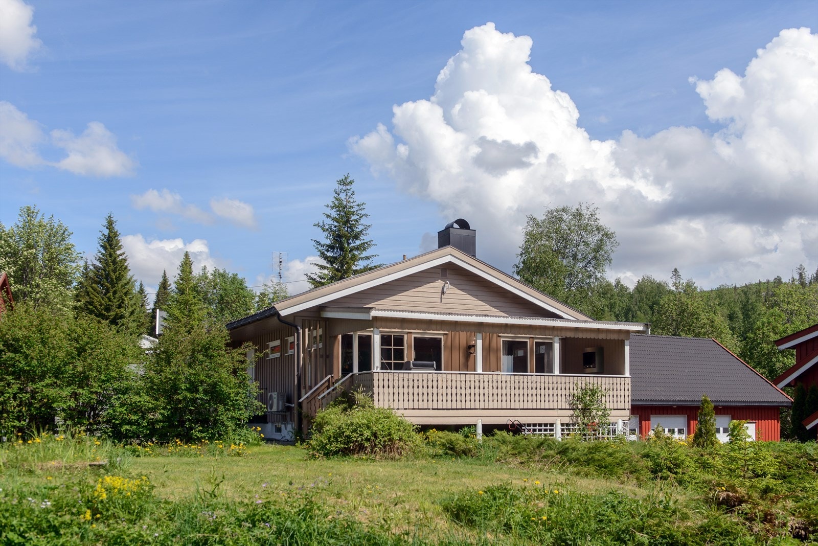 Tomt opparbeidet med plenarealer og prydbusker. Galleribilde