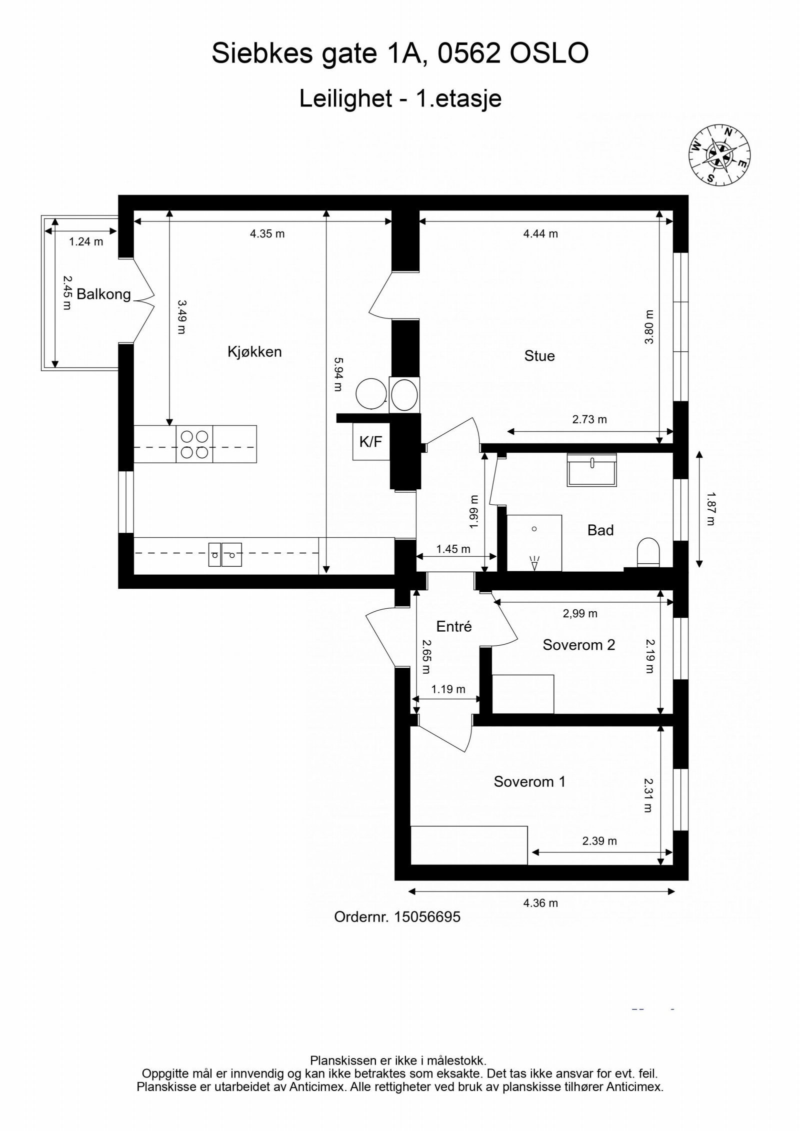 Plantegning med mål. Balkongen vender mot den nydelige bakgården. Galleribilde