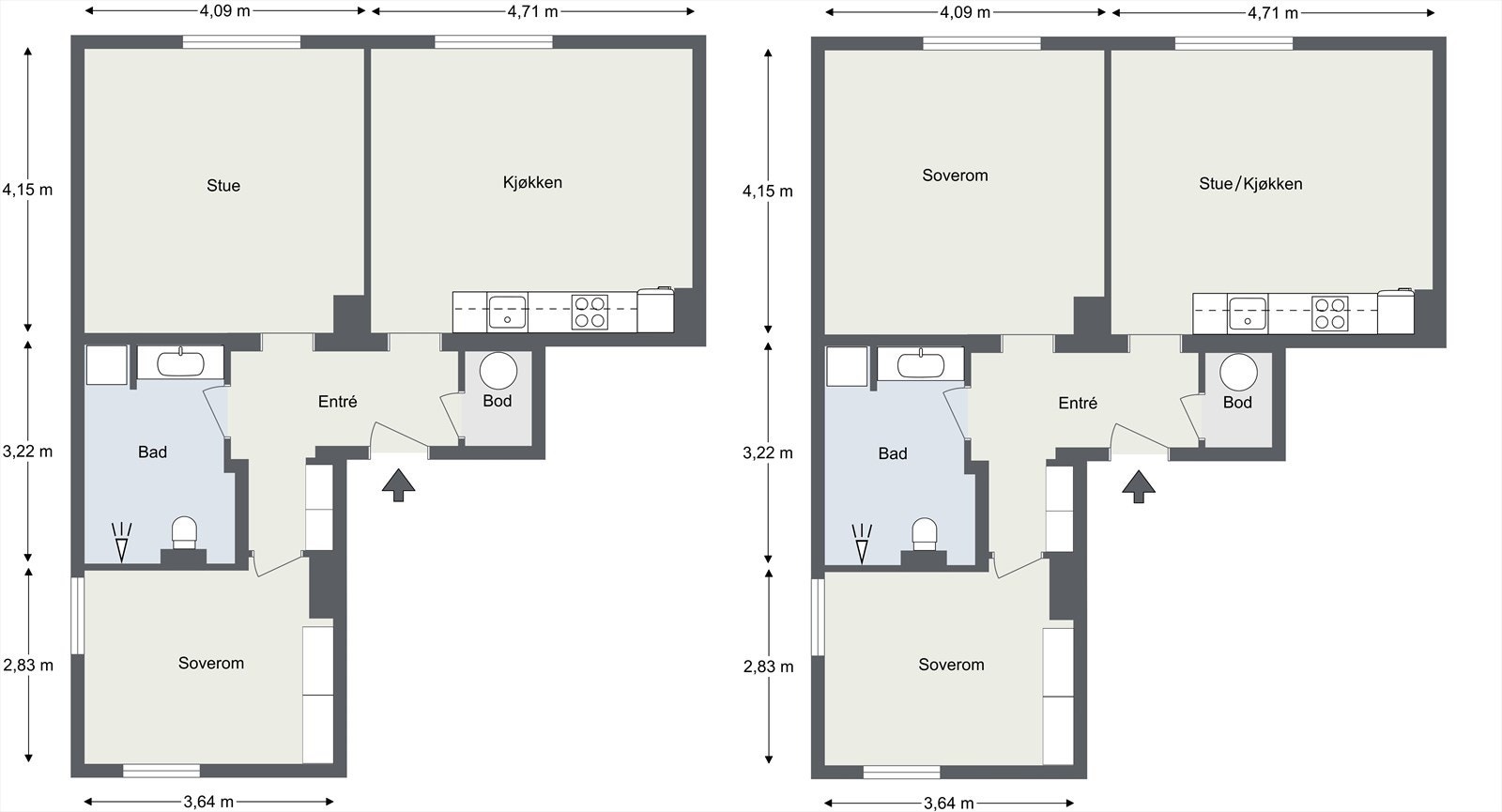 Plantegning fra takstmann. Plantegningen til venstre viser dagens bruk av rommene. Plantegningen til høyre viser bruk av leiligheten med to soverom. Avvik kan forekomme. Galleribilde
