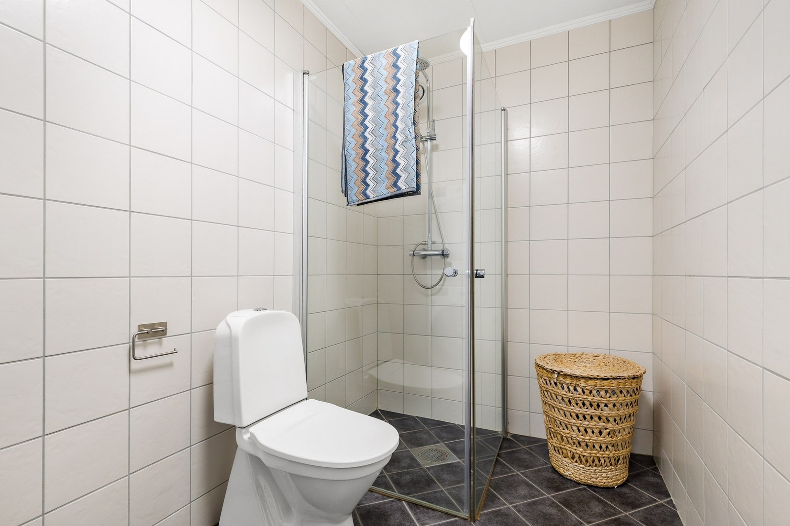 Dusjhjørne med glassdører og veggmontert dusjarmatur med hånddusj og regndusj. Gulvstående toalett. Galleribilde