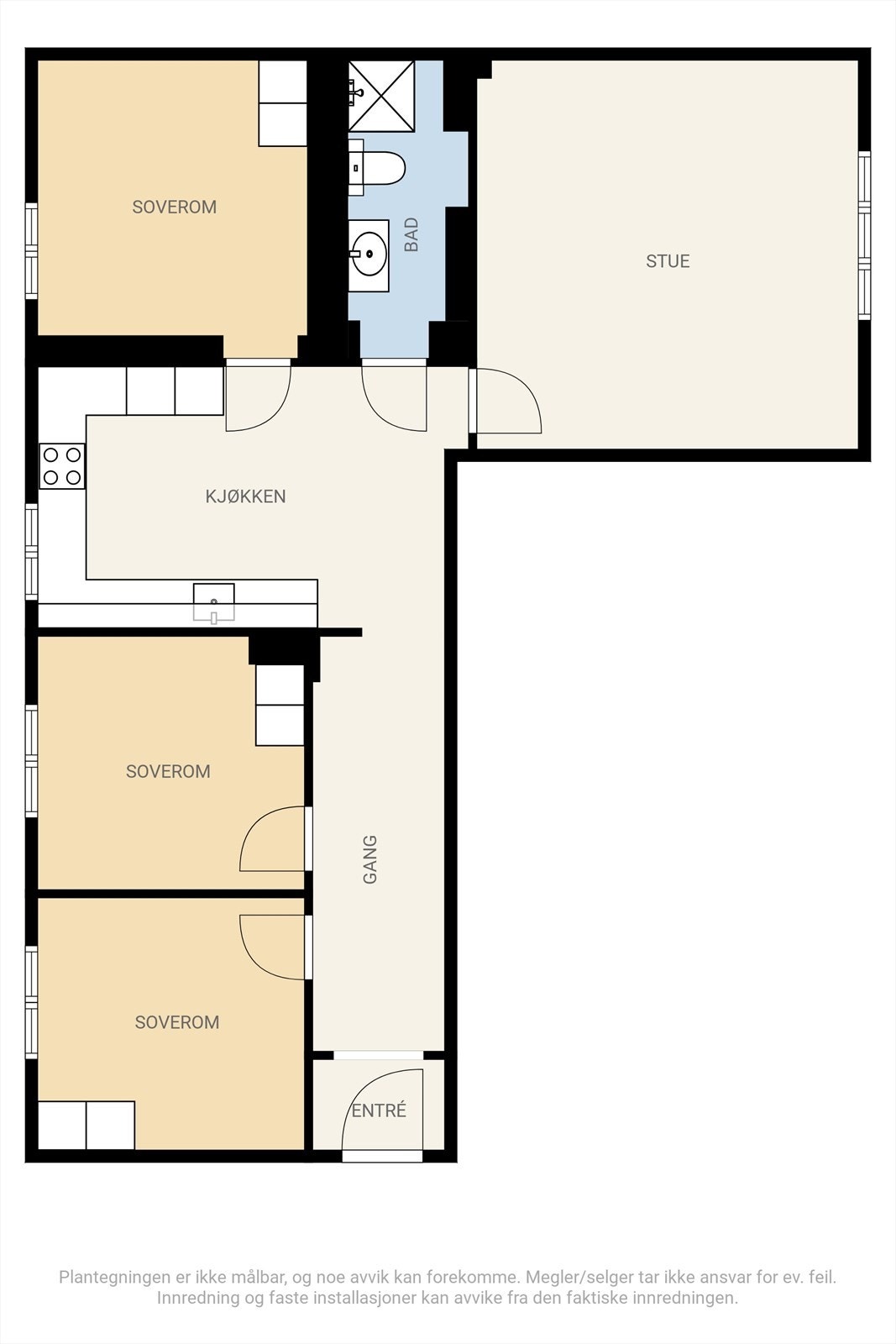 Plantegning. Nåværende eier har satt opp lettvegg mellom soverommene, så hvis man ønsker å tilbakestille leiligheten fra 4-roms til 3-roms så kan dette enkelt gjøres ved å fjerne lettveggen mellom soverommene. Galleribilde