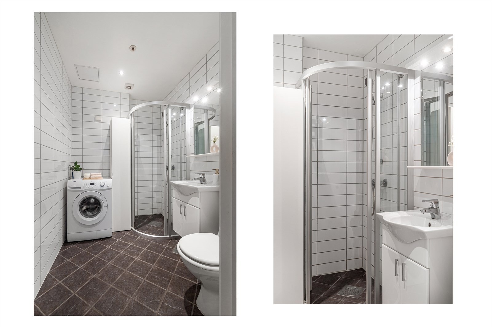 - Badet er innredet med nedfelt servant, toalett, dusj med skyvedører og opplegg for vaskemaskin/tørketrommel - Galleribilde