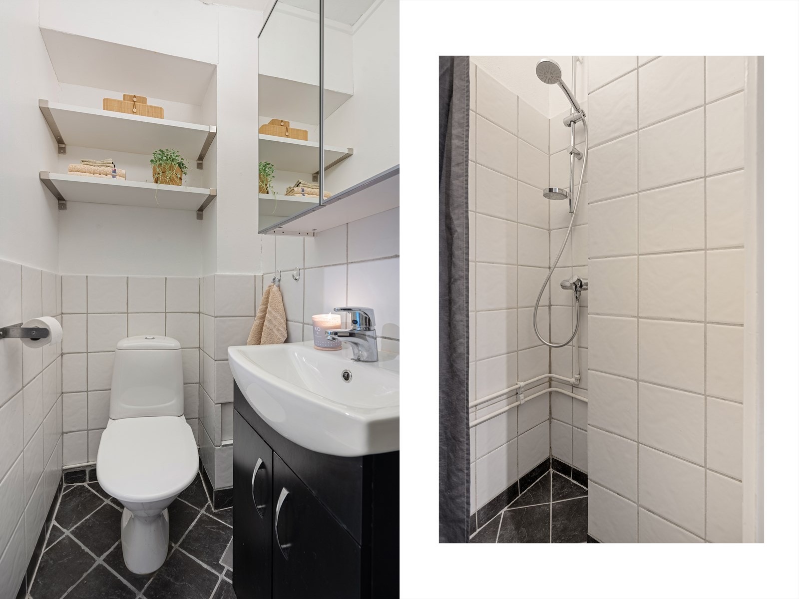 Badet har fliser på gulvet og på vegger i dusj- og sprutsonen. Det ble lagt nye fliser i ca 2009. I 2012 ble det skiftet varmtvannsbereder, samt at det ble skiftet dusjarmatur i 2020. Ny baderomsinnredning i 2022. Galleribilde