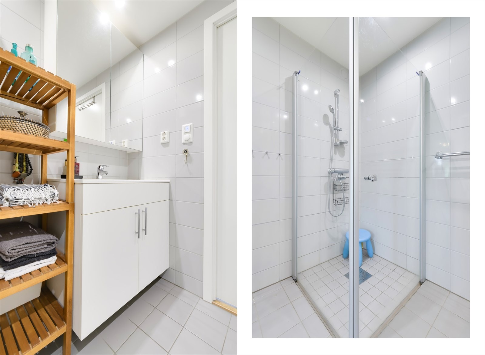 Badet er utstyrt med veggmontert toalett, dusjhjørne med glassdører, servantinnredning samt opplegg for vaskemaskin. Galleribilde