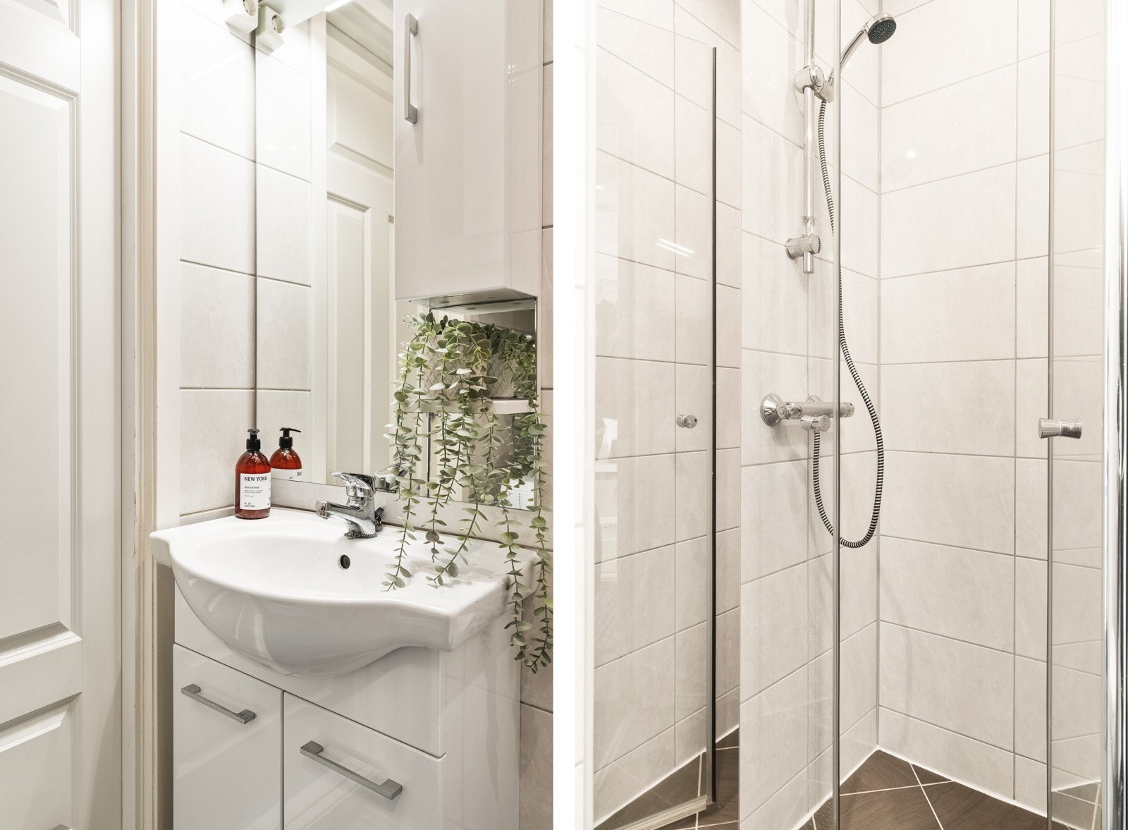 Badet er innredet med dusjnisje med glassdør, vegghengt toalett, opplegg for vaskemaskin og baderomsinnredning. Galleribilde
