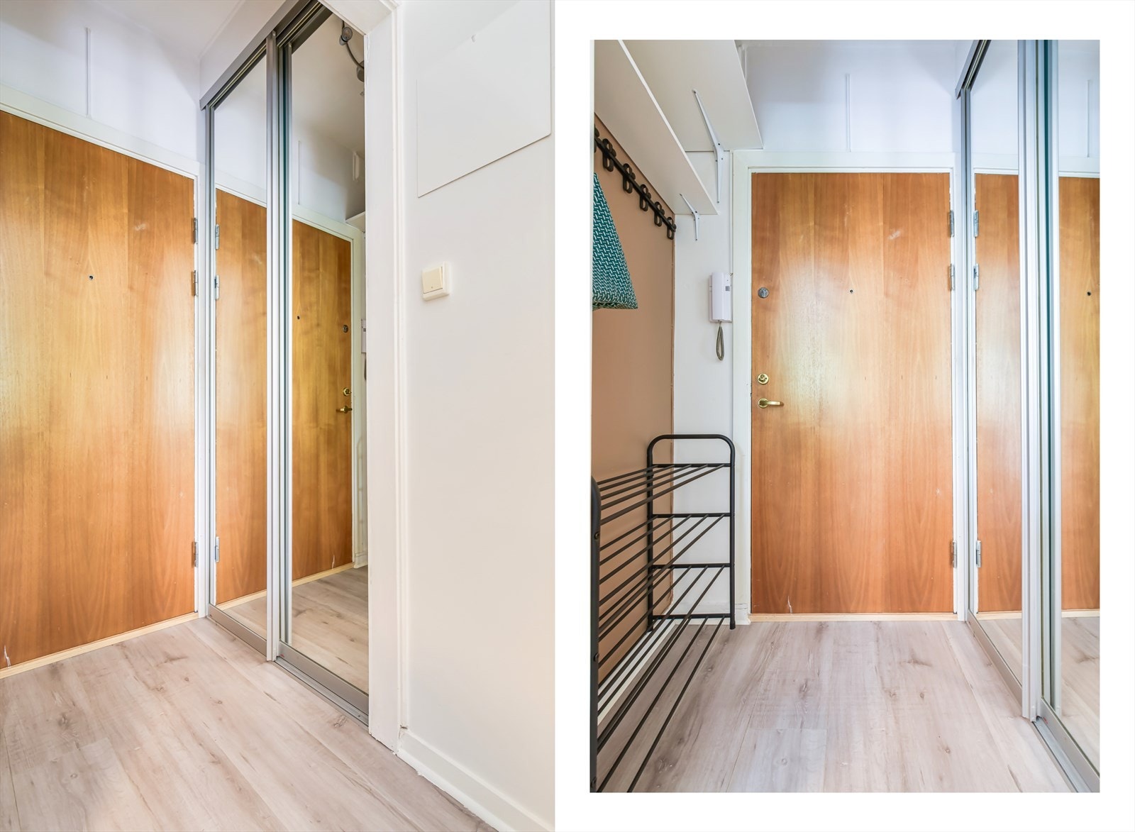 Her har du god plass til å sette fra deg skoene og henge fra deg yttertøyet i praktisk skyvedørsgarderobe med speilflater. Galleribilde