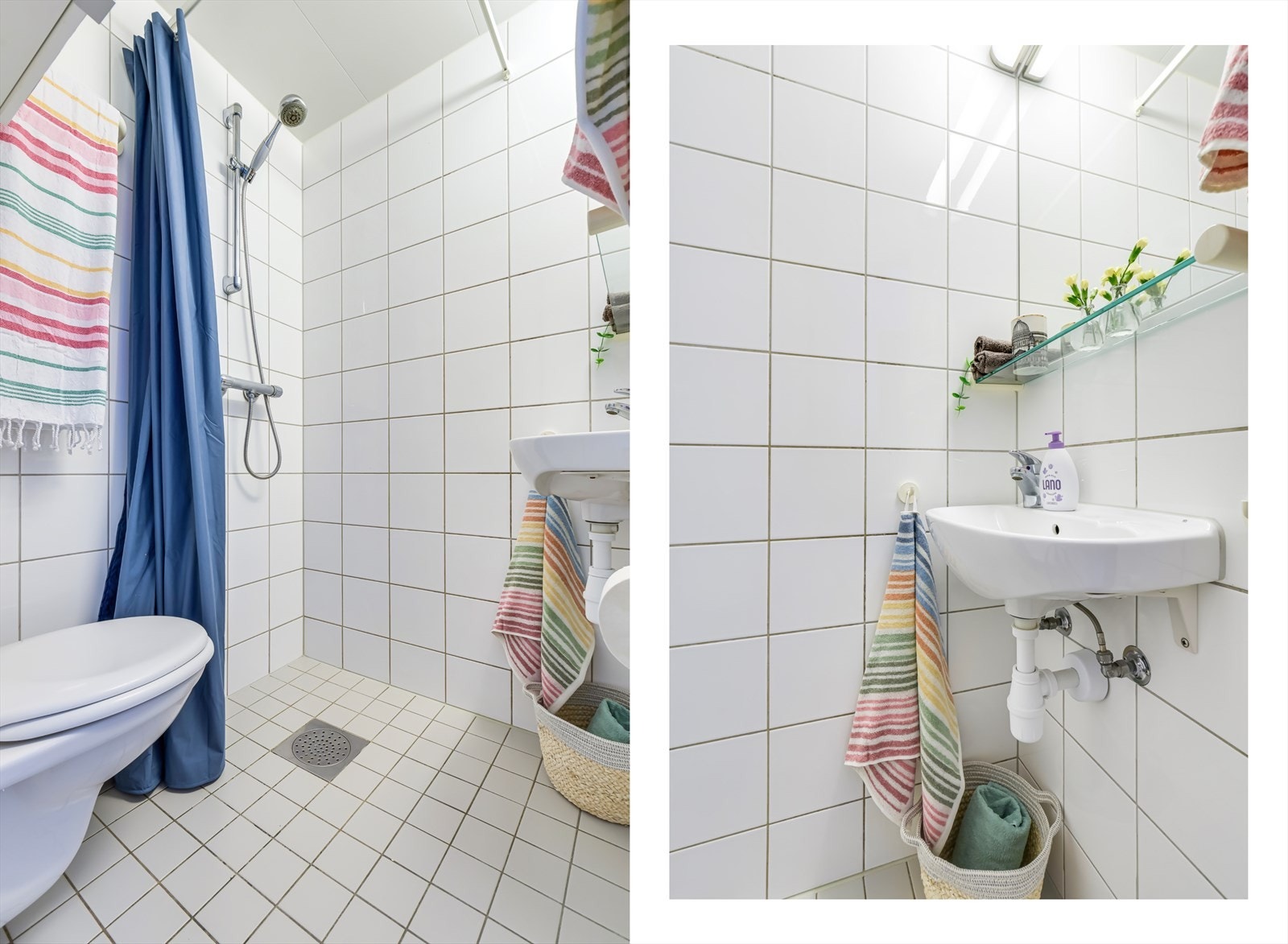 Badet er lyst flislagt, med varmekabler i gulv. Rommet er innredet med servant, toalett, speil og dusj i hjørnet. Her finner du også et veggskap over toalettet for ekstra lagringsplass. Galleribilde