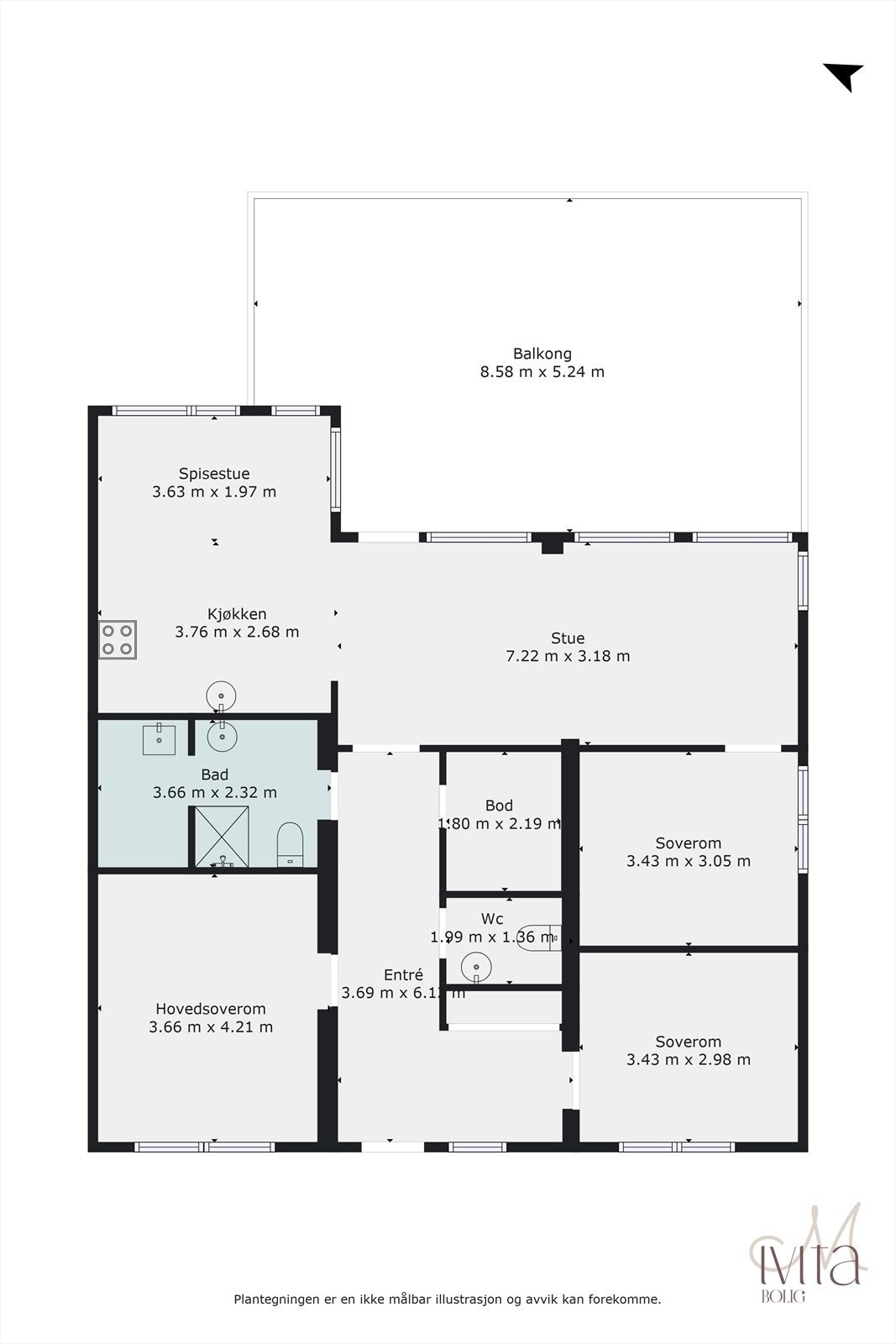 Plantegning av leiligheten. Om man ser på soverommet som er plassert vegg-i-vegg med stuen, så er det enkelte som har fjernet veggen mellom soverom og stue, dersom man ønsker en større stue. Galleribilde