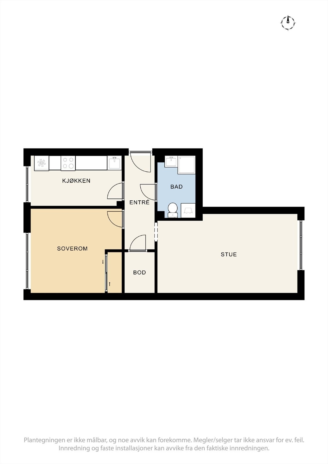 Plantegning - Lignende leiligheter i borettslaget har bygget om boligen til en 3-roms ved å flytte kjøkkenet ut i stuen. Galleribilde