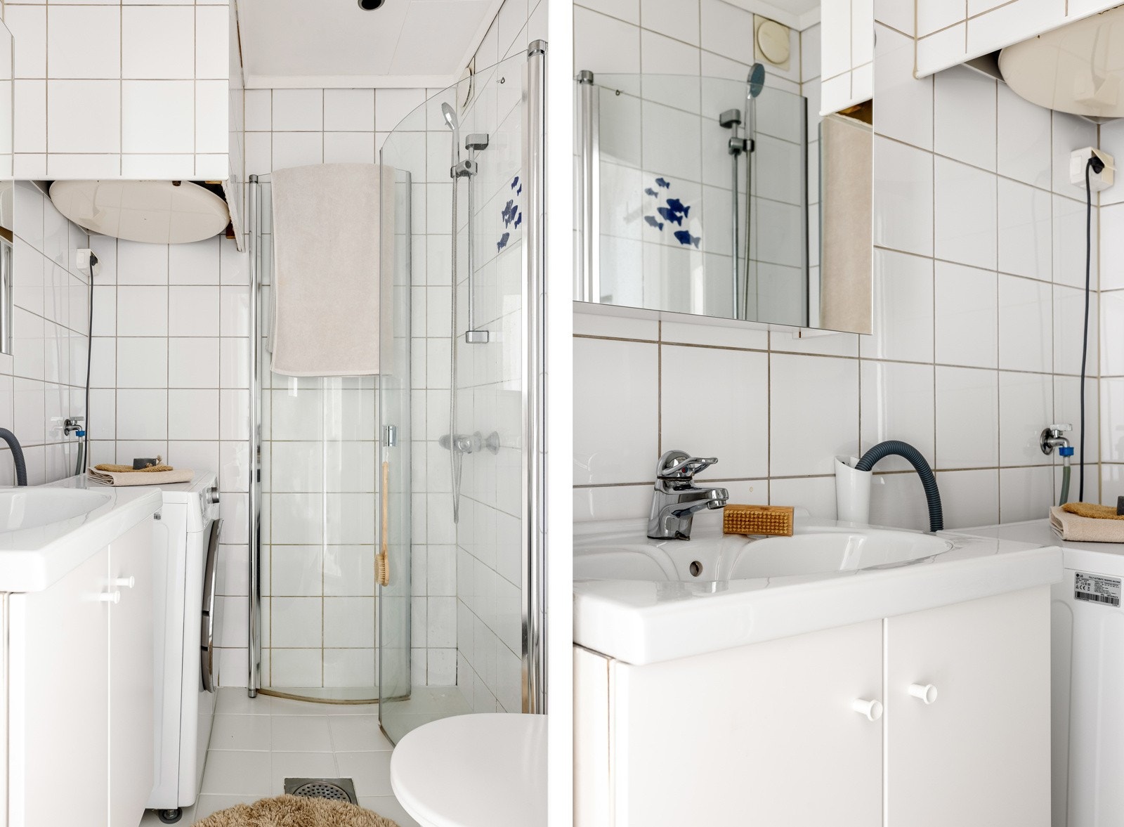 Badet er innredet med dusj m/glassvegger, toalett, opplegg for vaskemaskin, baderomsinnredning og varmtvannstank Galleribilde