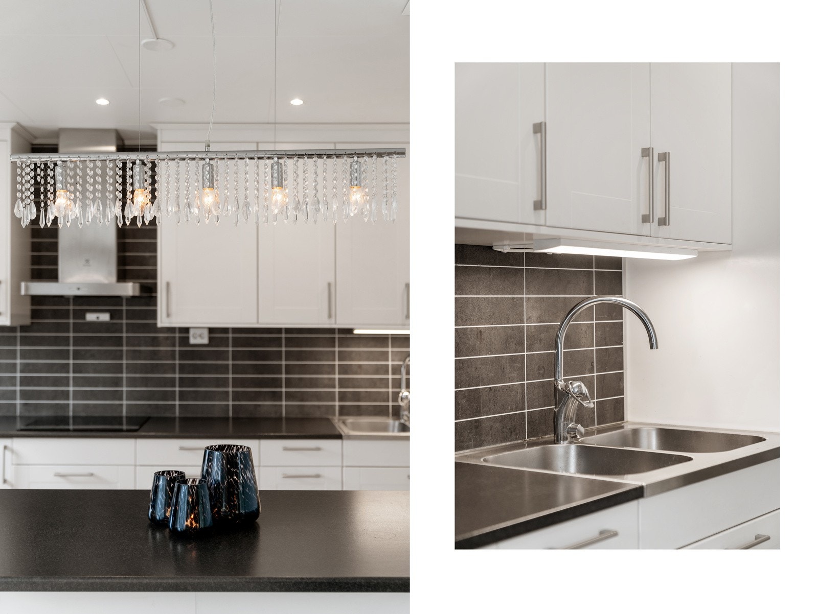 Kjøkkenet er innredet med hvite profilerte fronter og laminat benkeplate med nedfelt vask. Galleribilde