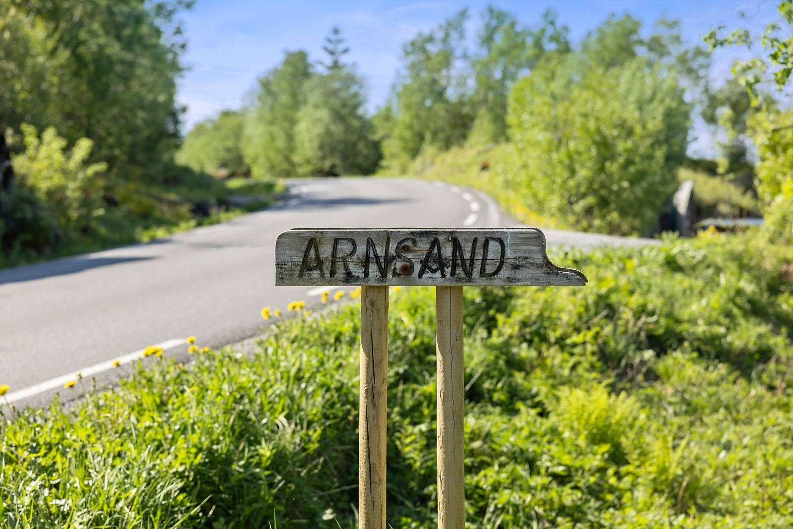 Veiskilt som peker mot stien hvor du når Arnsand badestrand. Galleribilde