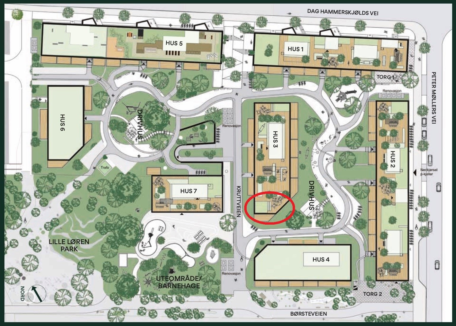 Oversikt over nærområdet. Tomten er fortsatt under utvikling og i løpet av sensommeren 2024 vil leiligheten få utsikt mot hyggelige grøntområde og Lille Løren park. Galleribilde