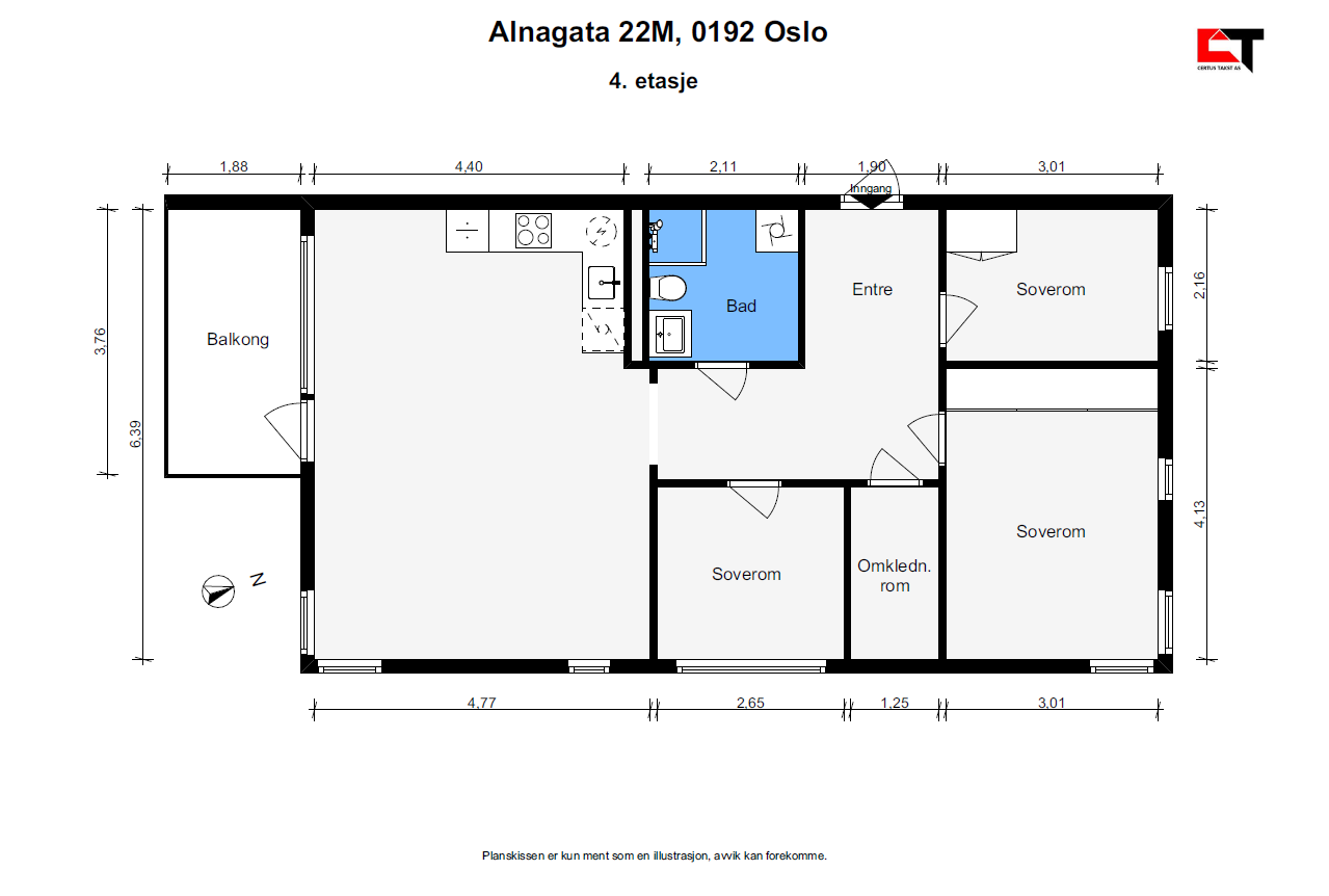 Leiligheten har meget praktisk planløsning med rosmlige rom. Leiligheten disponerer itillegg en kjellerbod på ca. 5 kvm og garasjeplass med elbillader. Galleribilde