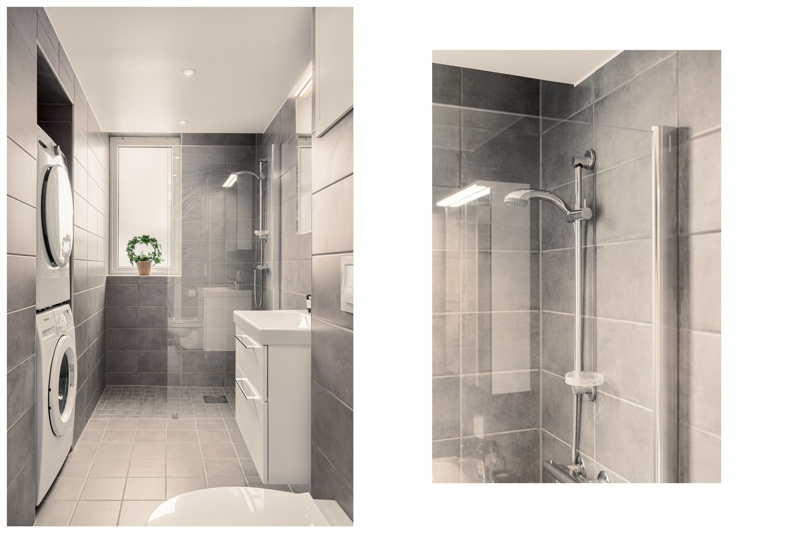 - Flisene har en elegant og nøytral farge som spiller godt med boligens fargevalg. Badet har gulvvarme - Galleribilde