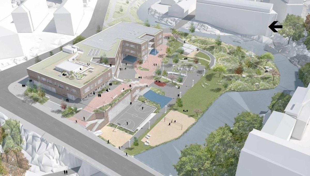 Flotte grøntområder rett på andre siden av Akerselven, når Bentsebru skole står planlagt ferdig i 2024. Pil viser bygget leiligheten ligger i. Galleribilde