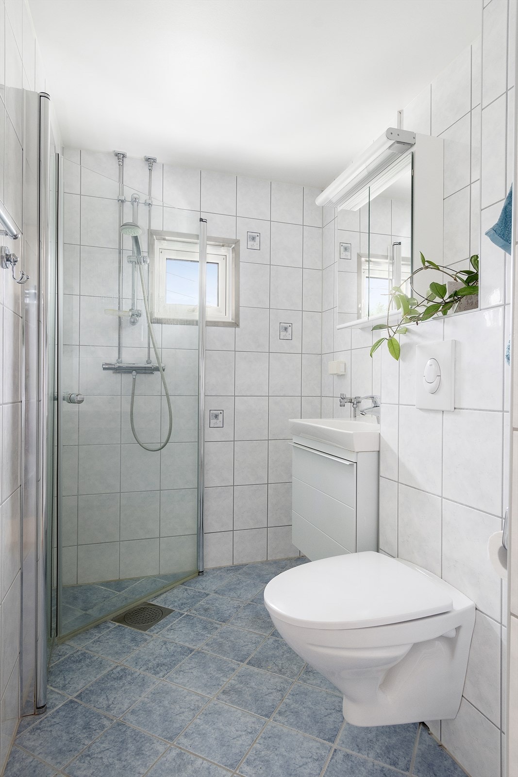 Innredningen består av veggmontert wc, dusjplass med inn-utadslående dusjvegger, servant og opplegg for vaskemaskin Galleribilde