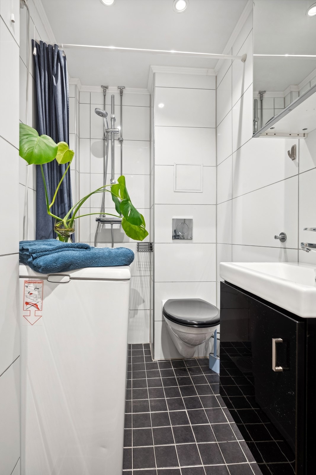 Baderomsinnredningen er bestående av servant med underskap, speilskap, vegghengt klosett og åpen dusjløsning med forheng Galleribilde