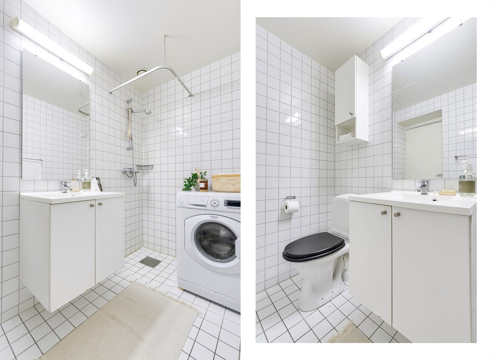 Baderomsinnredningen inkluderer servant med underskap, speil, veggskap, gulvmontert klosett og åpen dusjløsning. Galleribilde