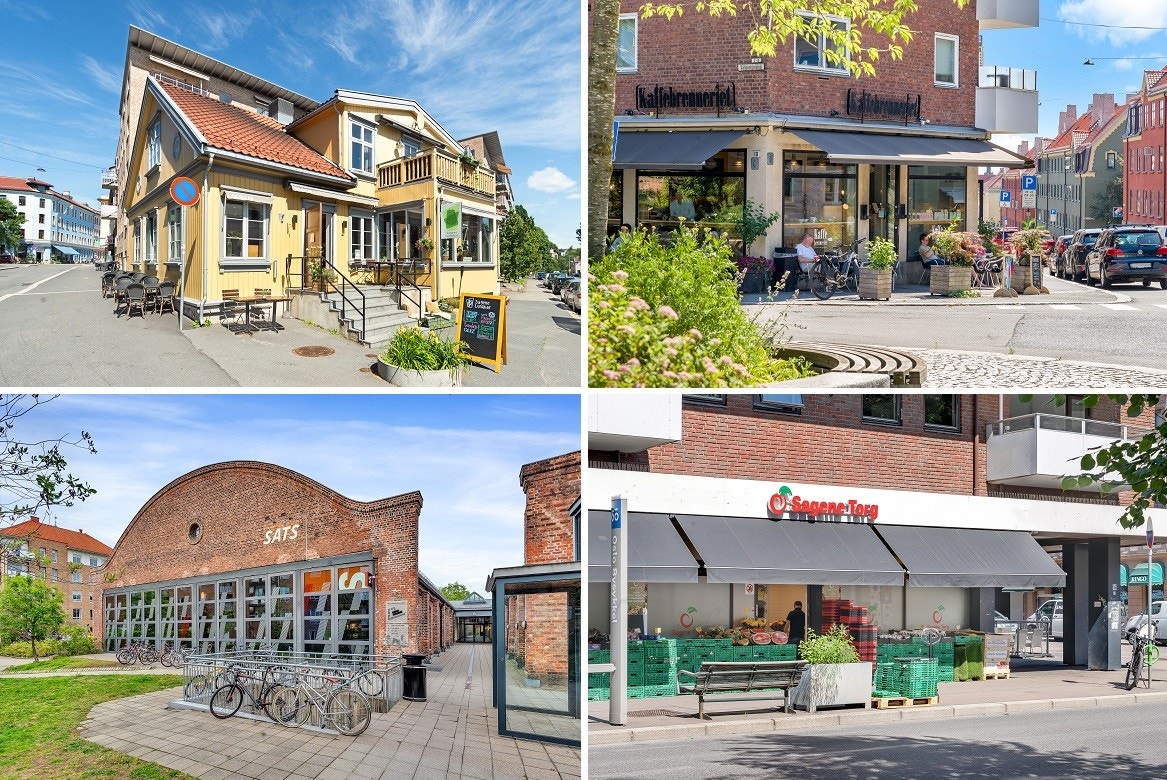Godt tilbud av kafeer, restauranter, service- og kulturtilbud i nærområdet. Her med Sagene Lunsjbar, Kaffebrenneriet, Sagene Torg og Sats Sagene. Galleribilde